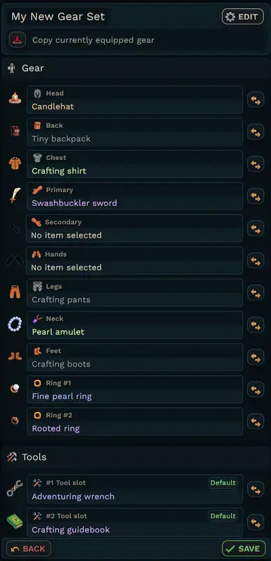 By pressing the “Copy currently equipped gear”, you current gear gets added to the gear set you’re creating.