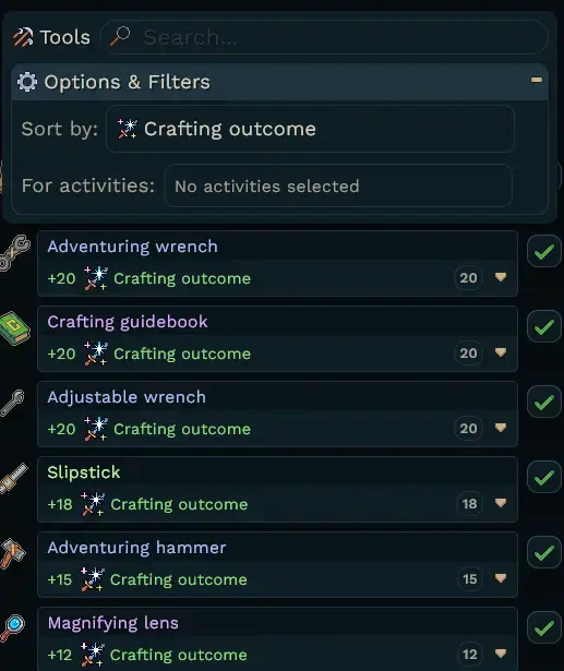 As an example, finding a tool for your gear set with the highest crafting outcome is now very easy!