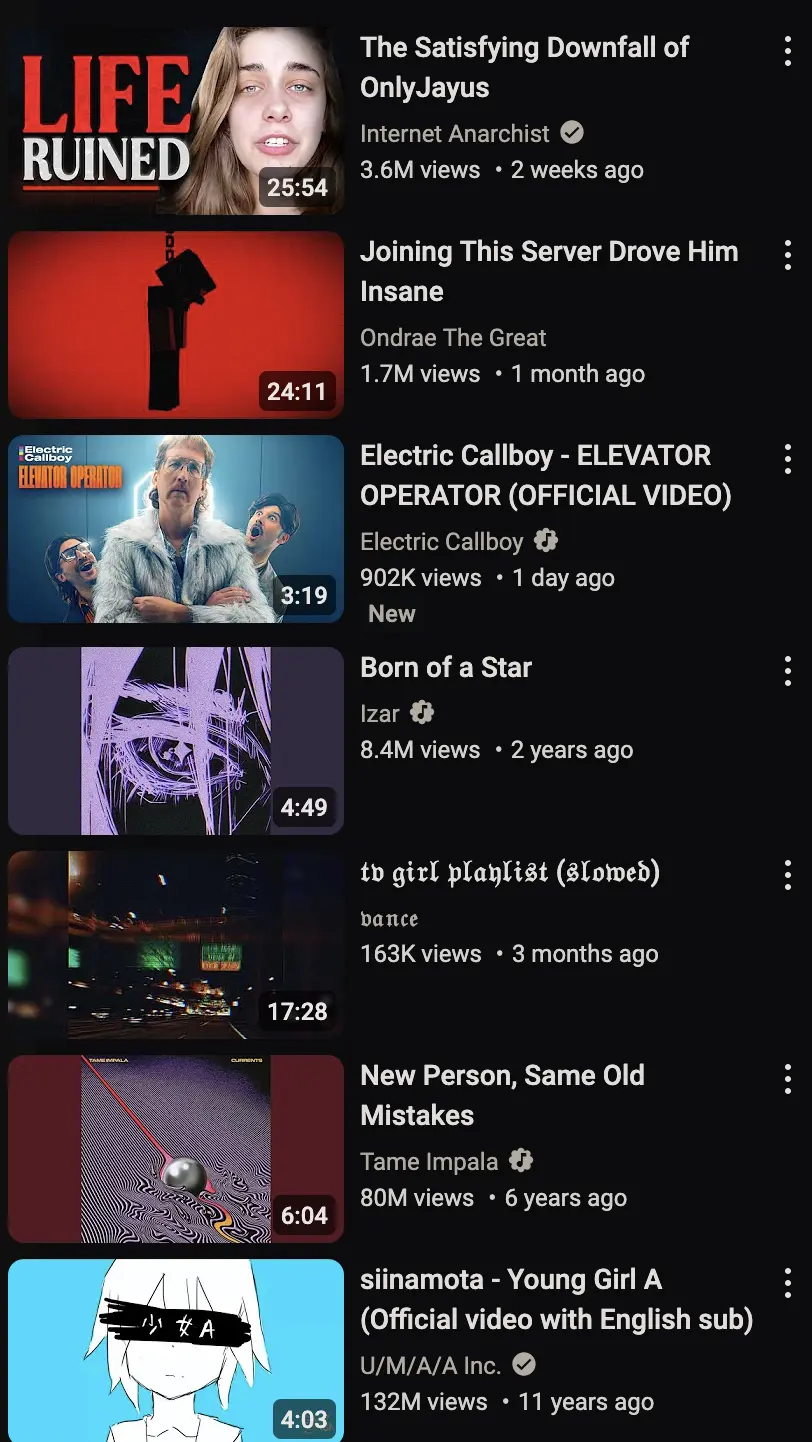 a screenshot of the youtube sidebar showing a rather unhinged collection of "recommended"