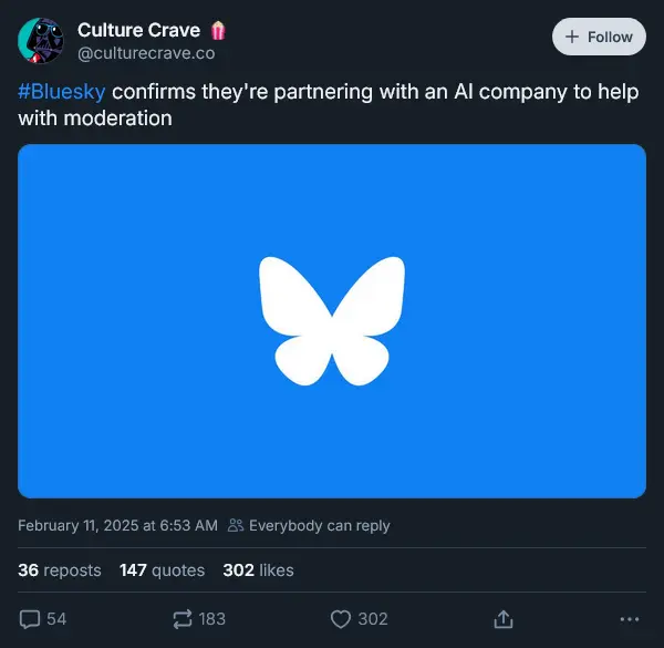"#Bluesky confirms they're partnering with an AI company to help with moderation"