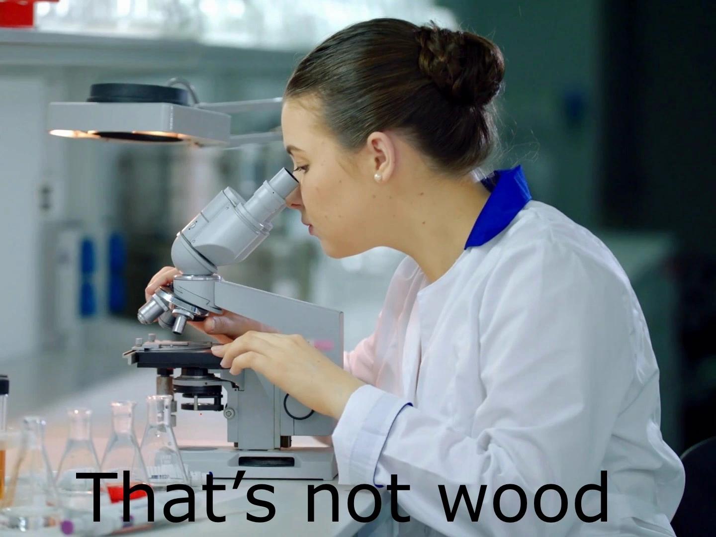 A scientist looking at a microscope worm the caption: that’s not wood