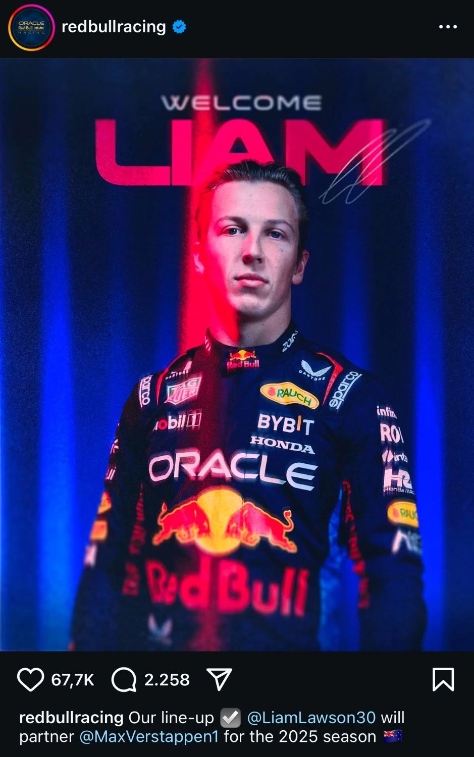 Picture of Liam Lawson wearing a red bull racing racesuit with the caption ‘welcome liam’