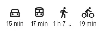 Screenshot of google maps trip times. Car, public transit and bicycle are very similar