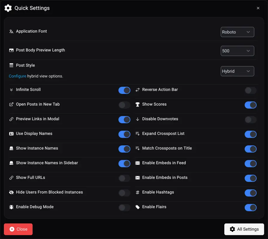 Settings section