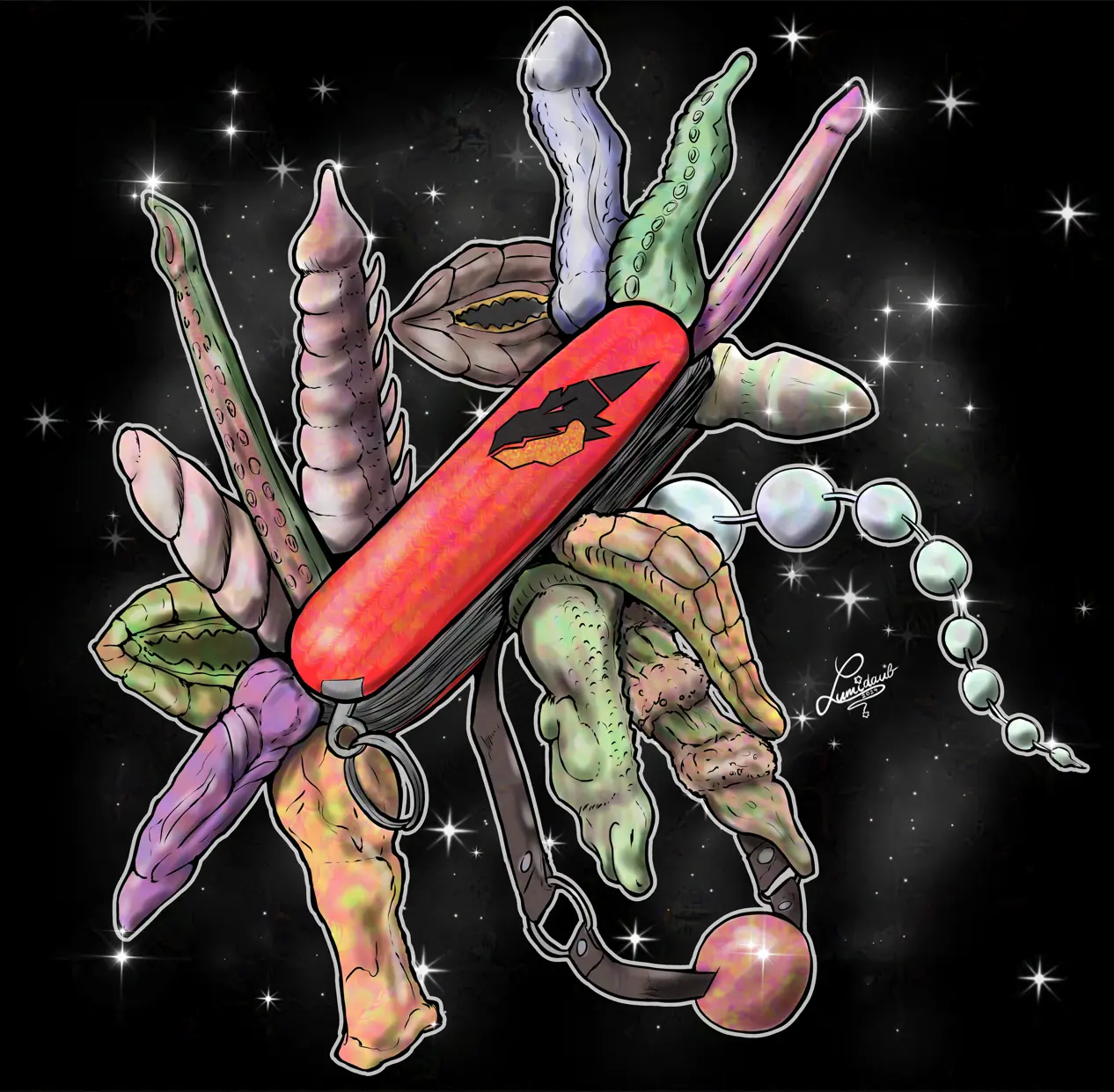 A digital drawing of a swiss-army knife type thing but instead of knives and wholesome tools there are dildos shaped like dragon penises, tentacles and other weird kinky stuff. Also two dragon vaginas and a ball gag and anal beads. This is what I learnt to draw for.