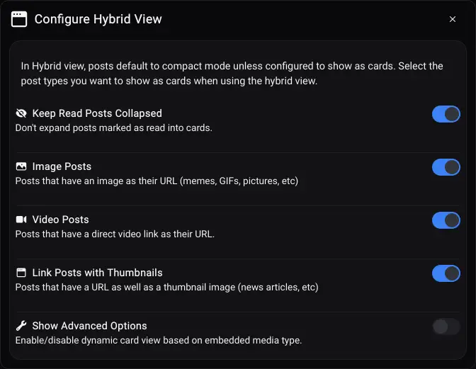 Hybrid view settings