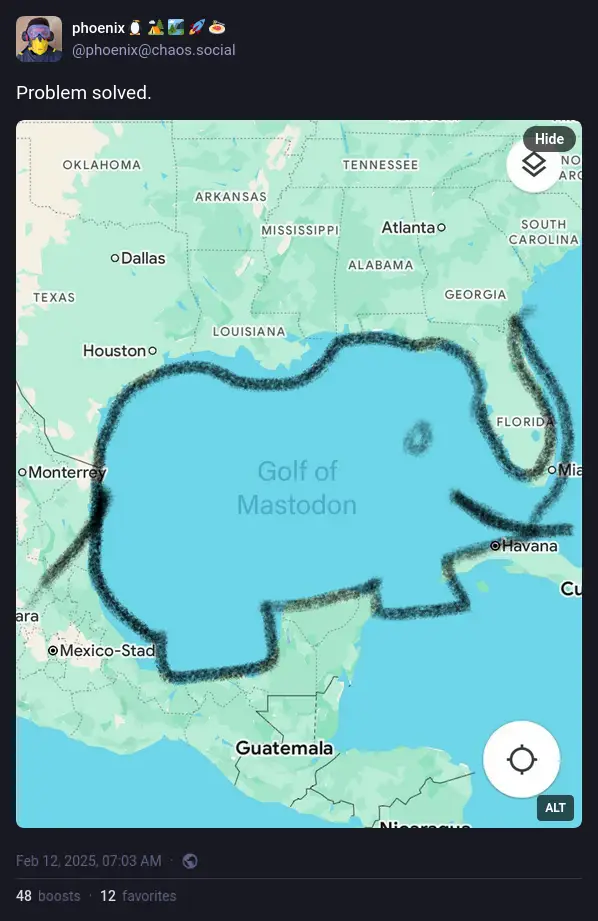 @phoenix@chaos.social on Mastodon: A picture of the Gulf of Mexico with an elephant drawn following the coastline with the text "Golf of Mastodon" on the map where Gulf of Mexico is suppose to go. Text above the image reads: "Problem solved".