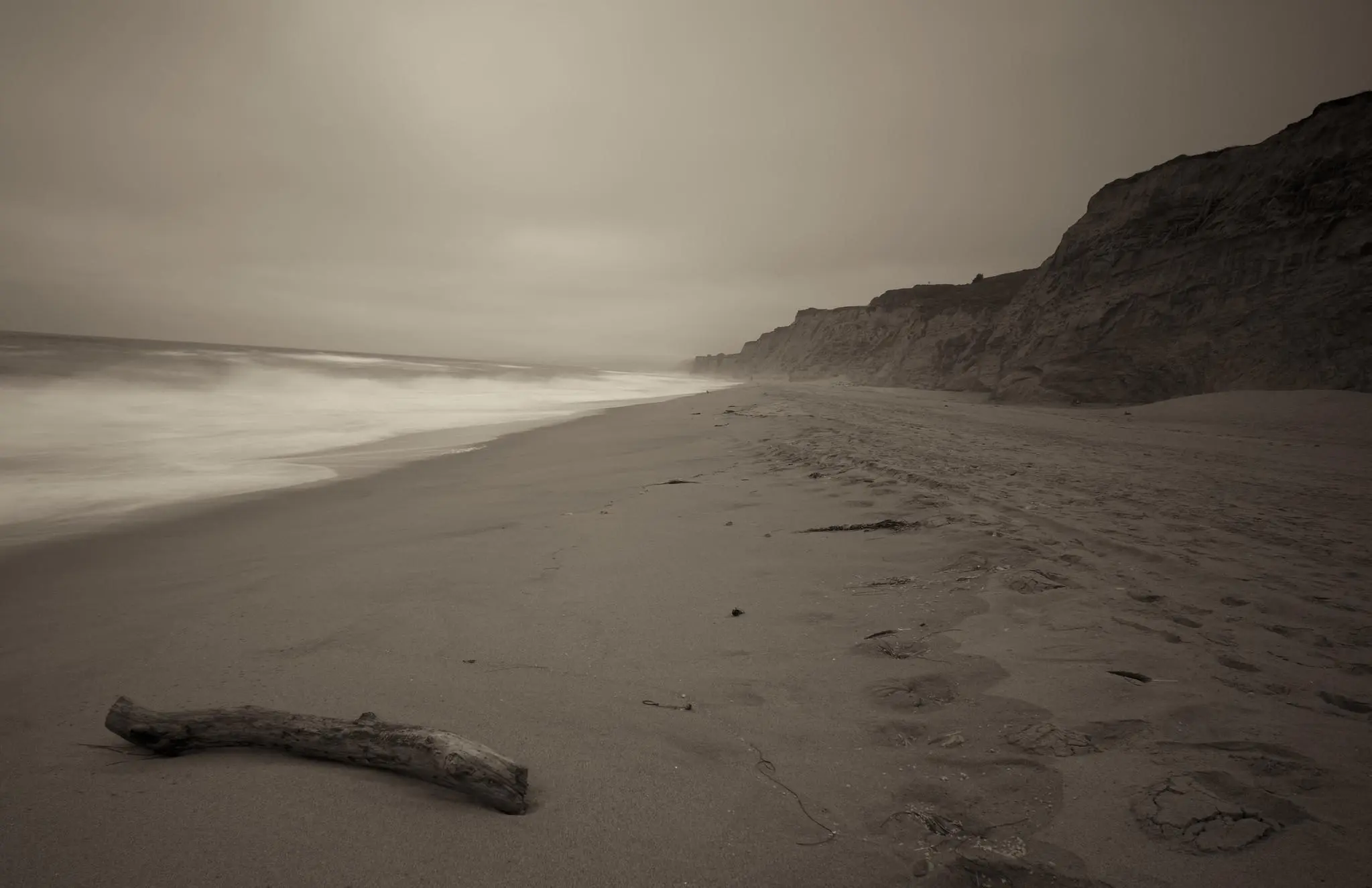 A beach on an overcast day. Small hill at right, water at left, a lone piece of driftwood in foreground.