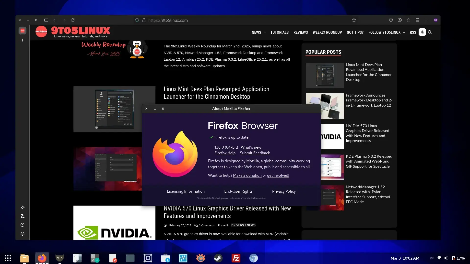 Screenshot of the Mozilla Firefox 136 web browser showing the 9to5linux.com website and the About Mozilla Firefox dialog.