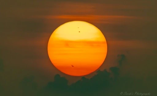 "The image shows a close-up view of the Sun, with a clear and detailed depiction of its surface. The Sun appears as a large, bright, orange-yellow circle against a darker sky. There are a few dark spots visible on the Sun's surface, which could be sunspots. The lower part of the image shows some dark clouds partially obscuring the Sun. The photograph is signed with "© Swede's Photographs" in the bottom right corner.

This image captures the Sun in a detailed manner, highlighting features such as sunspots and the interaction with clouds, which are not always visible to the naked eye." - Copilot