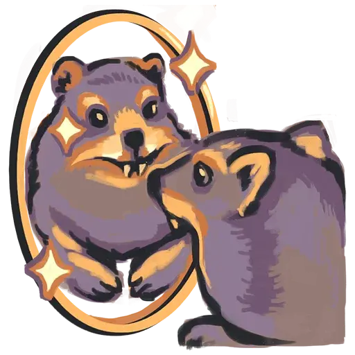 a stylized illustration of a hyrax sitting sweetly and looking into a mirror, admiring its reflection.