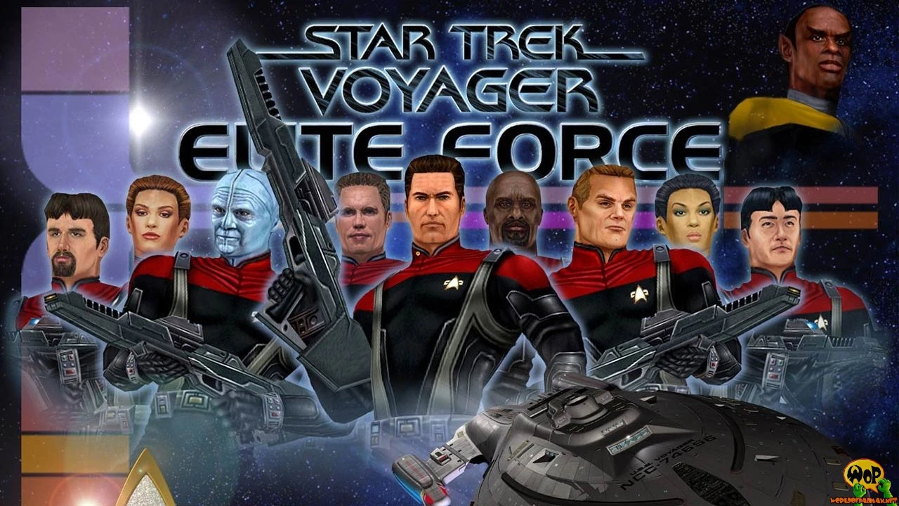 Promo Art for the game Star Trek Voyager: Elite force, featuring the main cast of the game in a line. You can also see Voyager flying at the bottom, and the game title at the top