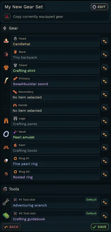 By pressing the “Copy currently equipped gear”, you current gear gets added to the gear set you’re creating.