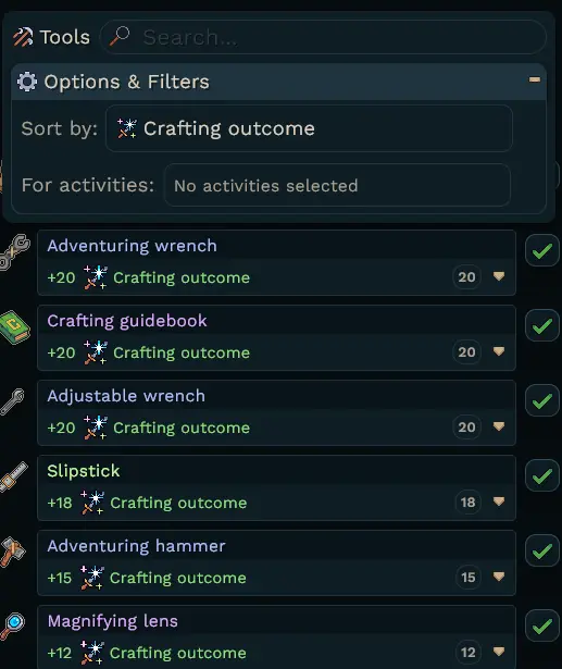 As an example, finding a tool for your gear set with the highest crafting outcome is now very easy!