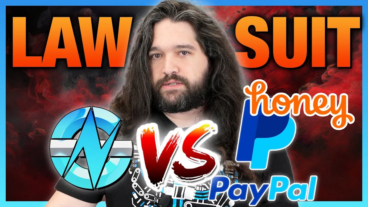 Image of Steve Burke from Gamers Nexus captioned with: "LAWSUIT  GN(logo) vs honey Paypal"