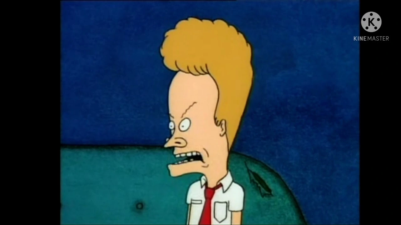 A picture of Beavis in a white shirt and red tie