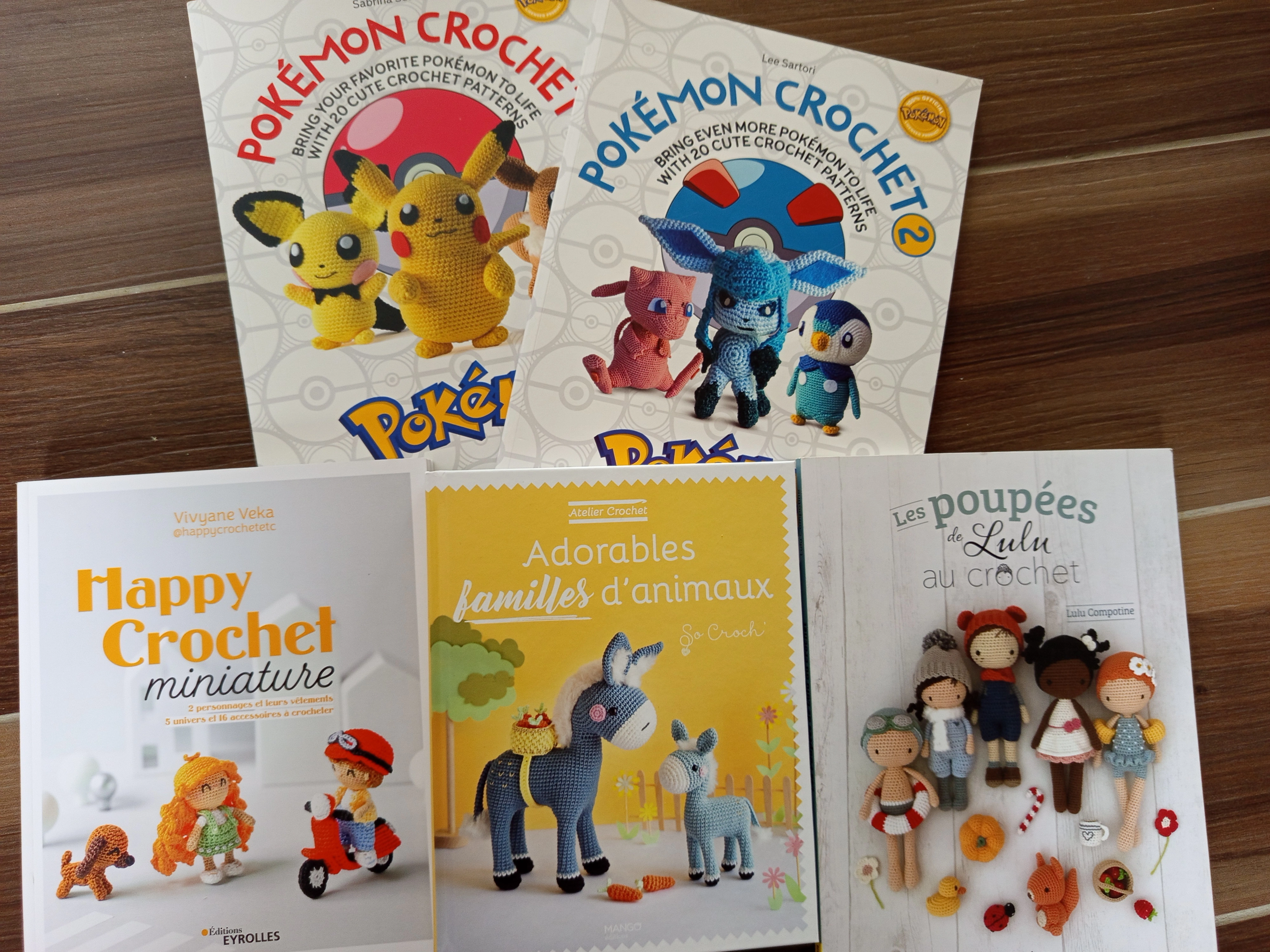 livres de crochet : Pokémon au crochet 1 et 2; Happy crochet miniature, les poupées de lulu au crochet, adorables familles d'animaux au crochet.