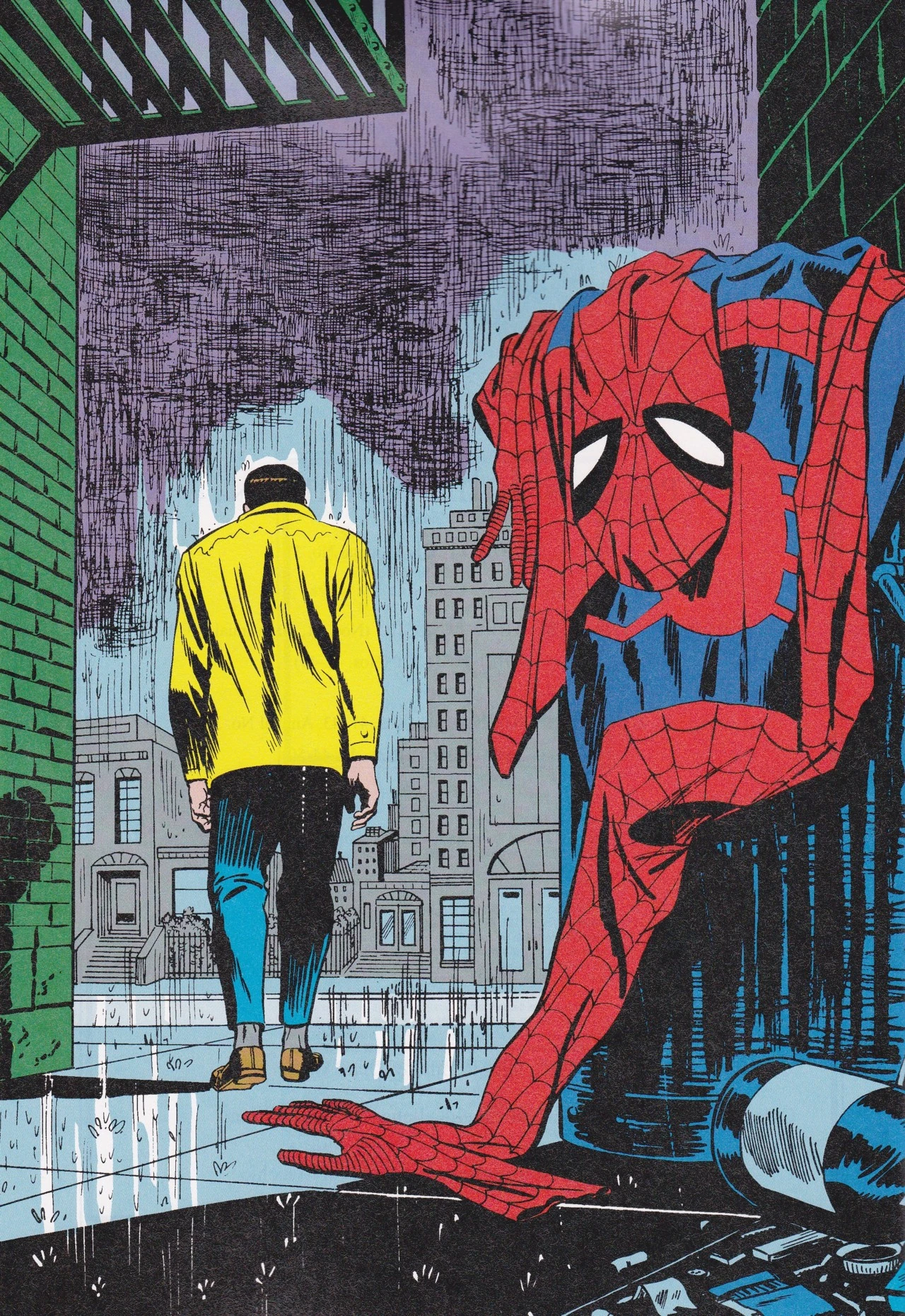 The Iconic Spiderman: No More comic panel, depicting Peter Parker leaving behind his Spiderman costume in a trash can whilst walking away with his back to the viewer in the rain.