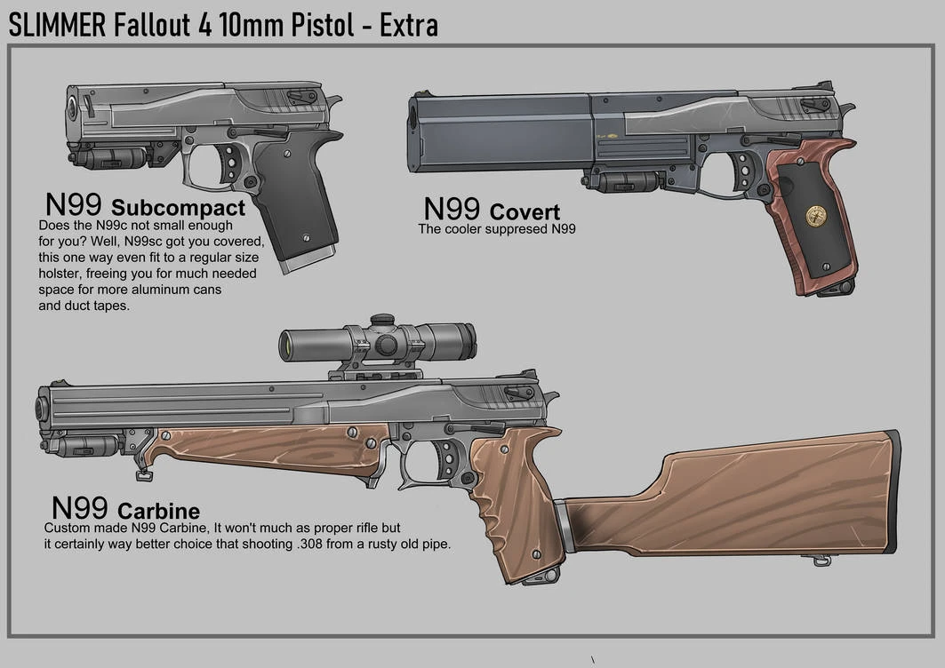 Custom configurations of the N99 10mm pistol from Fallout.