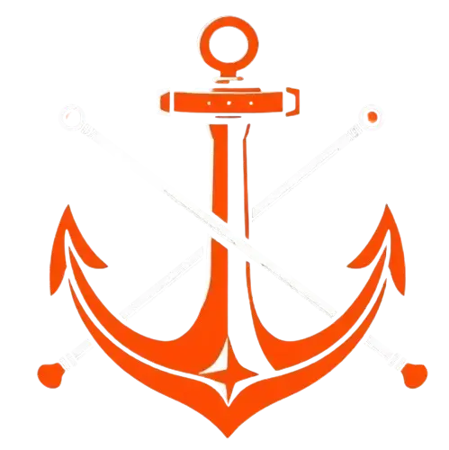 An icon of anchor crossed with two staves in orange-red, black and white colors