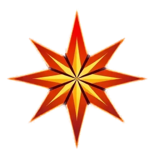 a star icon, in orange-red, black and white colors