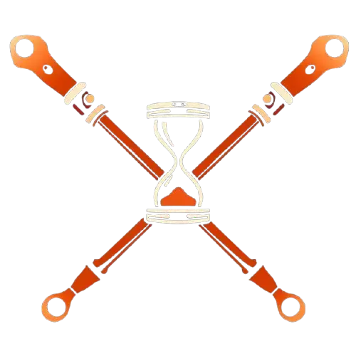 An icon of  two crossed belaying pins and a hourglass in the center, in orange-red, black and white colors