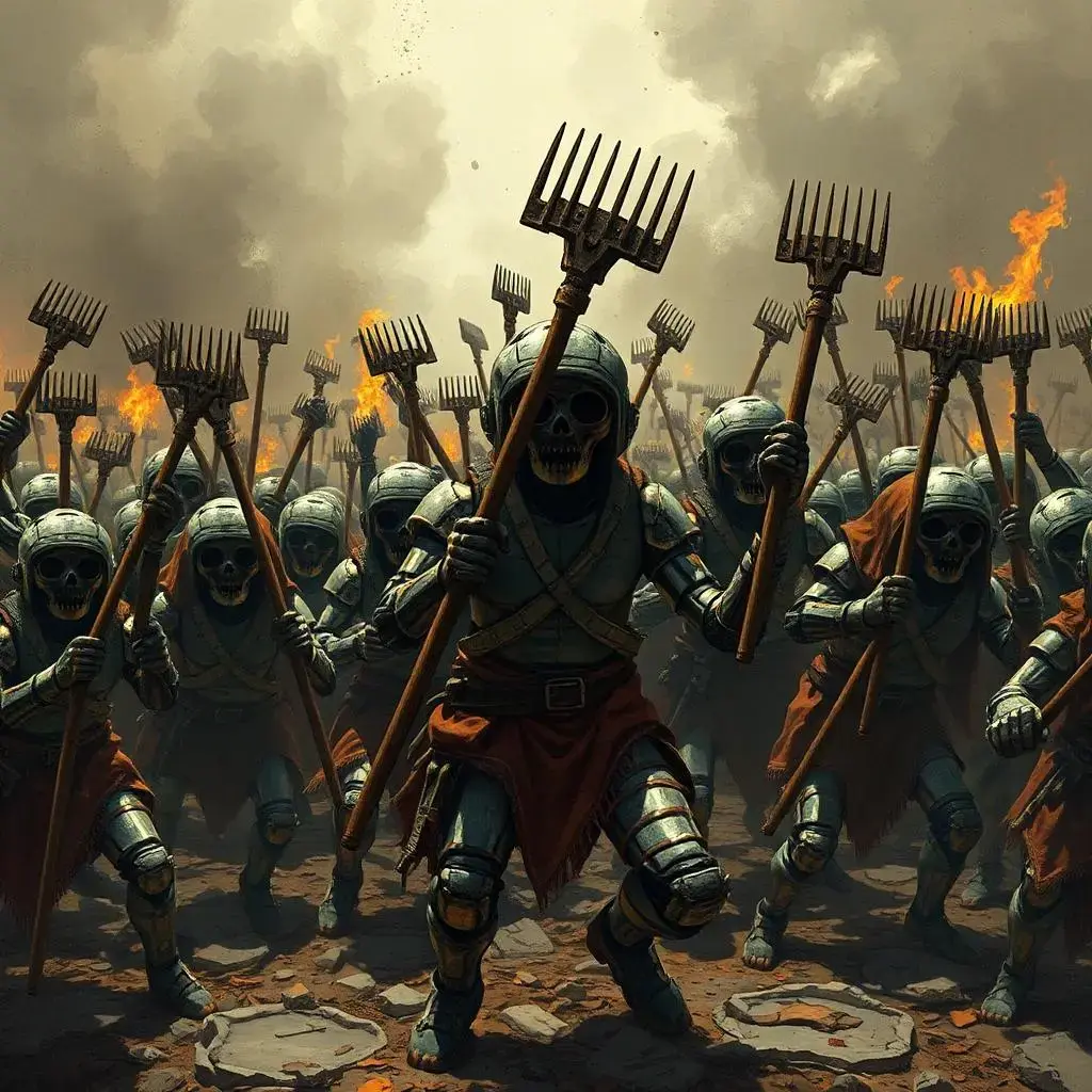 Image with seed 3240744267 generated via AI Horde through @aihorde@lemmy.dbzer0.com. Prompt: a mob of lemmy peasants carrying pitchforks rising against their AI overlords in violent revolution