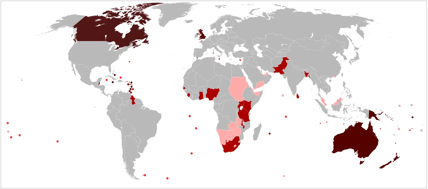 wikipedia's world map titled "The realms, territories, and protectorates of Elizabeth II from 1952 to 2022"