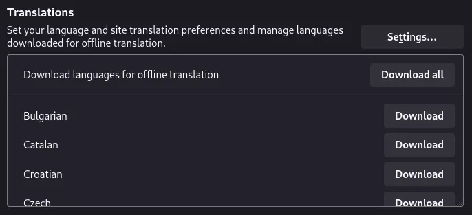 screenshot of Firefox Translation preferences showing downloadable languages