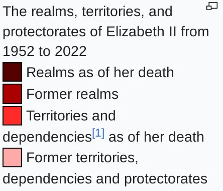 caption showing color code for the four categories in the previous map: Realms as of her death, Former realms, Territories and dependencies as of her death, and Former territories, dependencies and protectorates