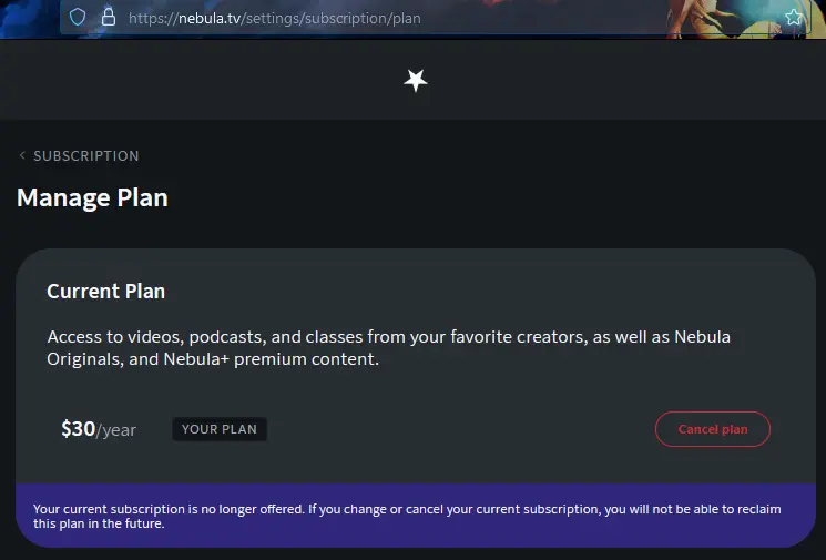 Screenshot of Nebula's 'cancel plan' button