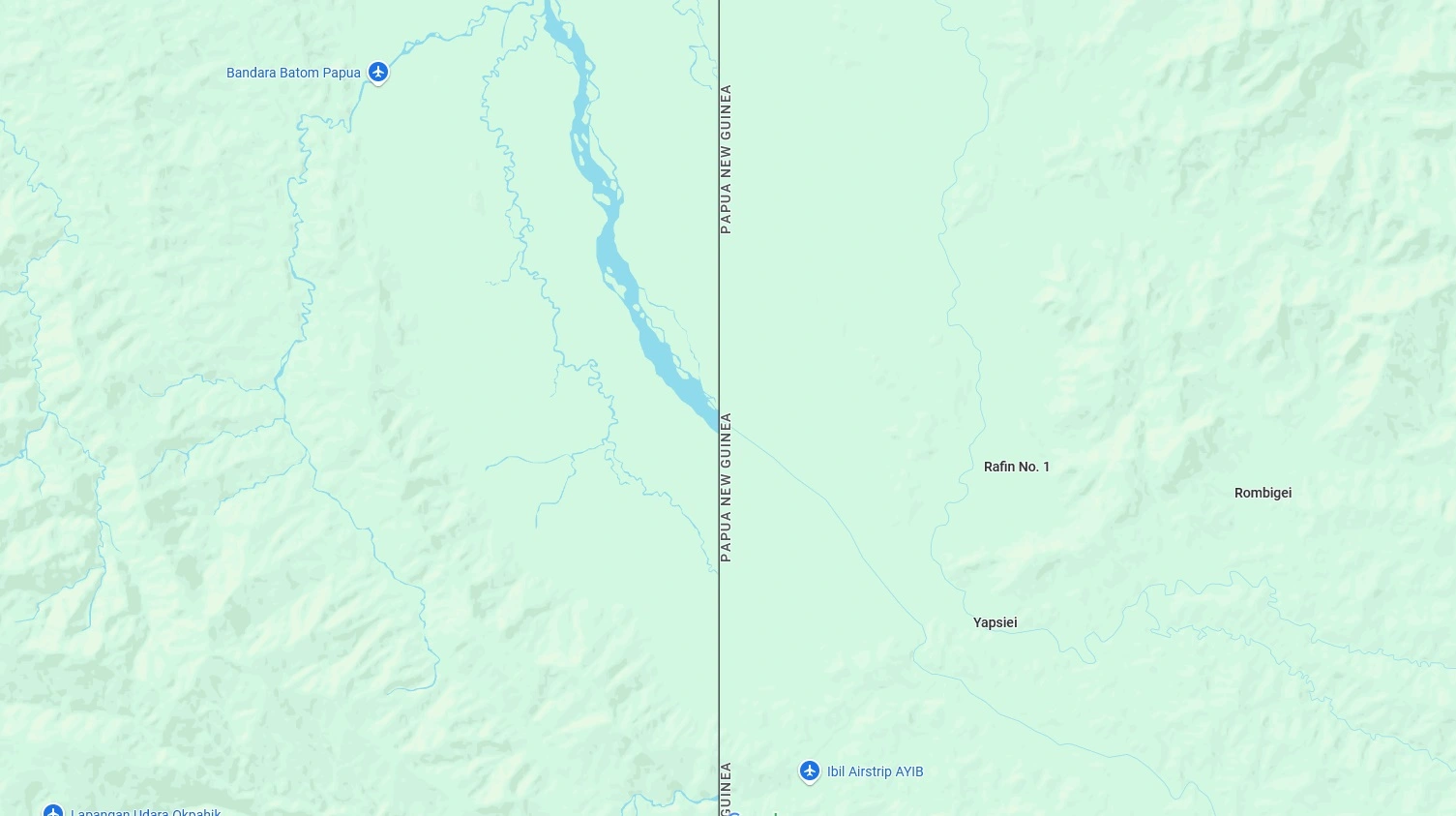 The river Sepik according to google maps, showing the shape of the river on the Indonesian side of the border only