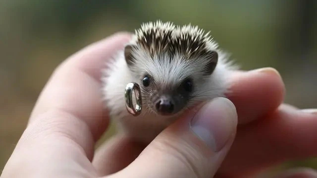 possibly AI generated photo of a hedgehog with a ring floating near it