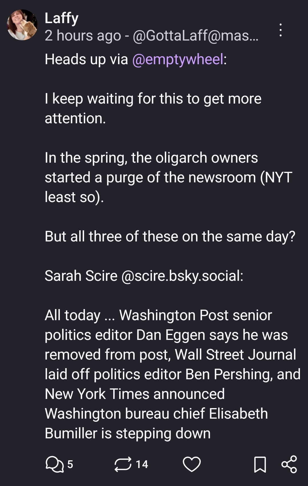 Heads up via @emptywheel: 

I keep waiting for this to get more attention.

In the spring, the oligarch owners started a purge of the newsroom (NYT least so). 

But all three of these on the same day?

‪Sarah Scire‬ ‪@scire.bsky.social‬:

All today ... Washington Post senior politics editor Dan Eggen says he was removed from post, Wall Street Journal laid off politics editor Ben Pershing, and New York Times announced Washington bureau chief Elisabeth Bumiller is stepping down