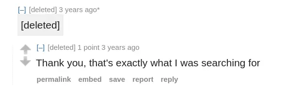 a screenshot of deleted reddit comment with a reply thanking the parent commenter