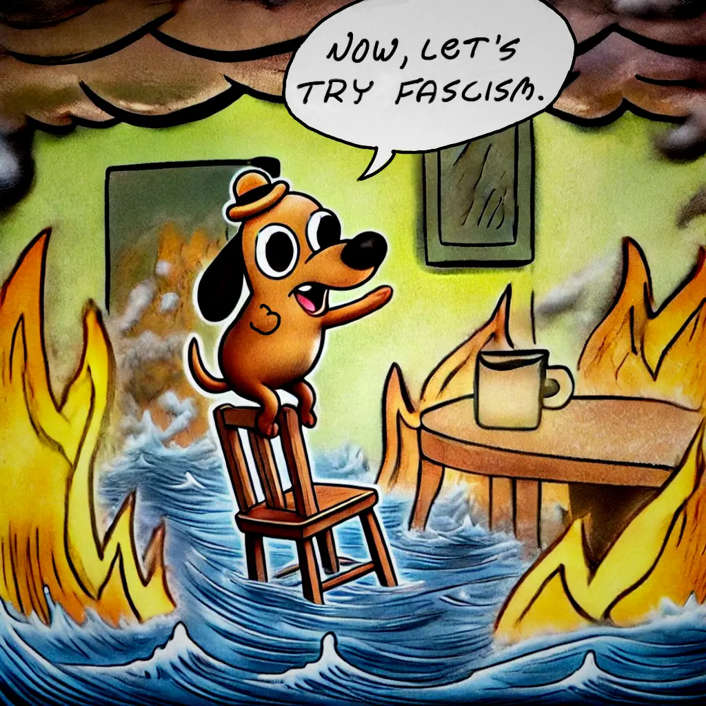 A modified version of the "This is fine" dog meme, where the dog stands on the chair inside a flooded and buring house and says 'Now, let's try fascism."