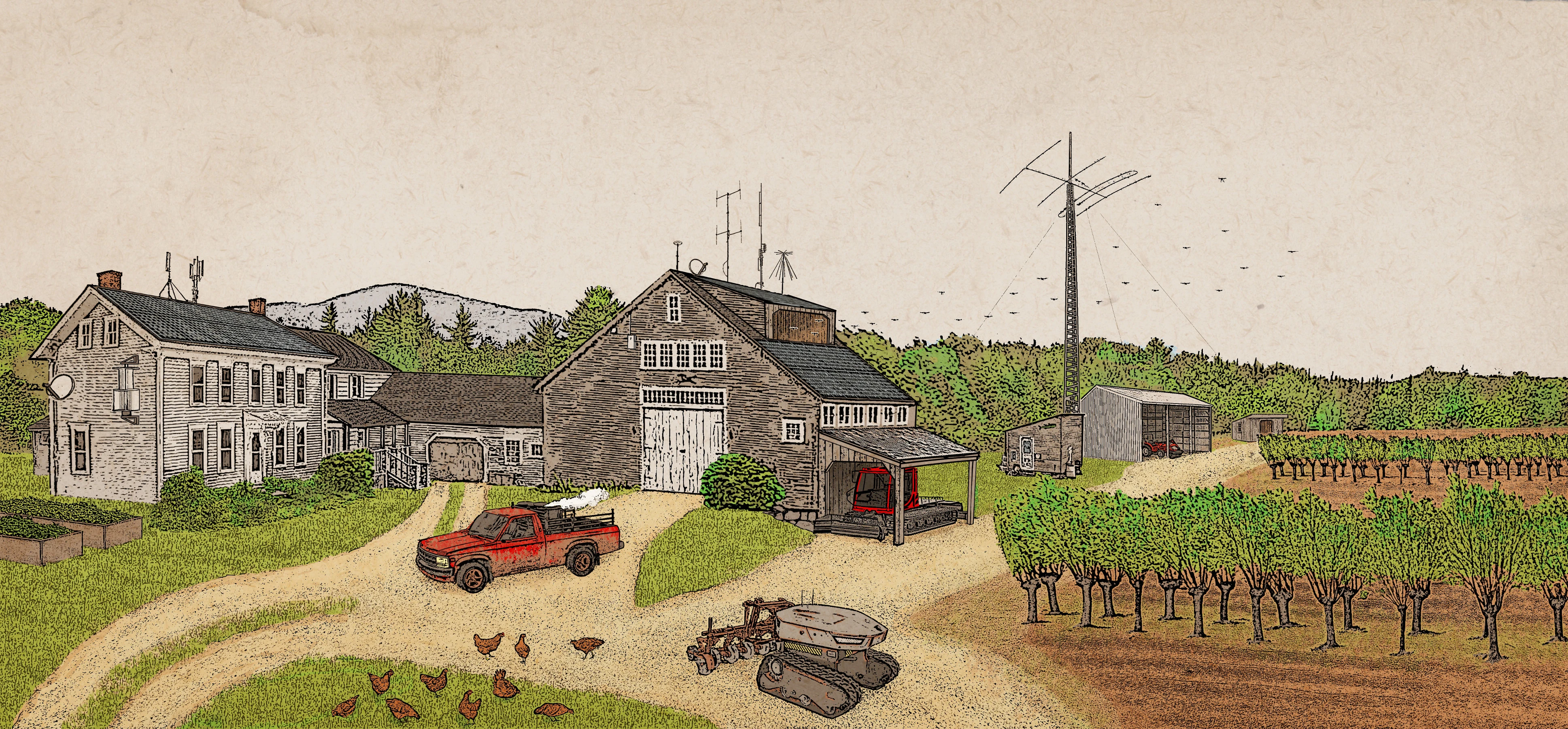 The image shows an old New England farm with a handfull of modifications. The farmhouse and barn are covered in antennas, solar panels, and homemade savonius turbines, a swarm of UAVs are flying out of a dormer on the barn roof, while a robotic tractor trundles down the driveway and a woodgas truck is parked, running, out front. There are chickens in the yard and an old ski groomer for packing down snow on the seasonal roads parked in a lean-to on the side of the barn.