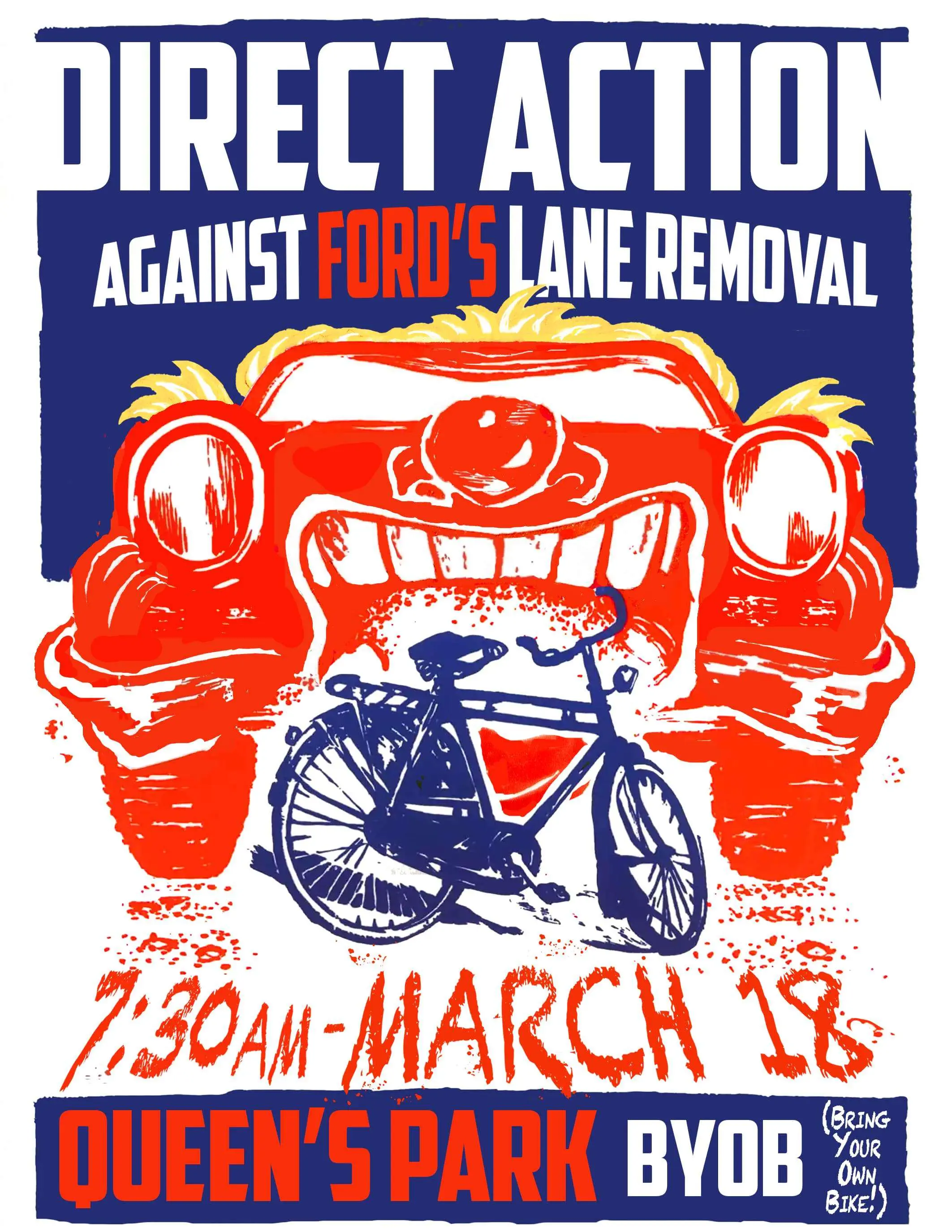 A flier for the event. A small bicycle blocks a large menacing automobile. BYOB (Bike) 7:30 March 18th Queen’s Park in Toronto.