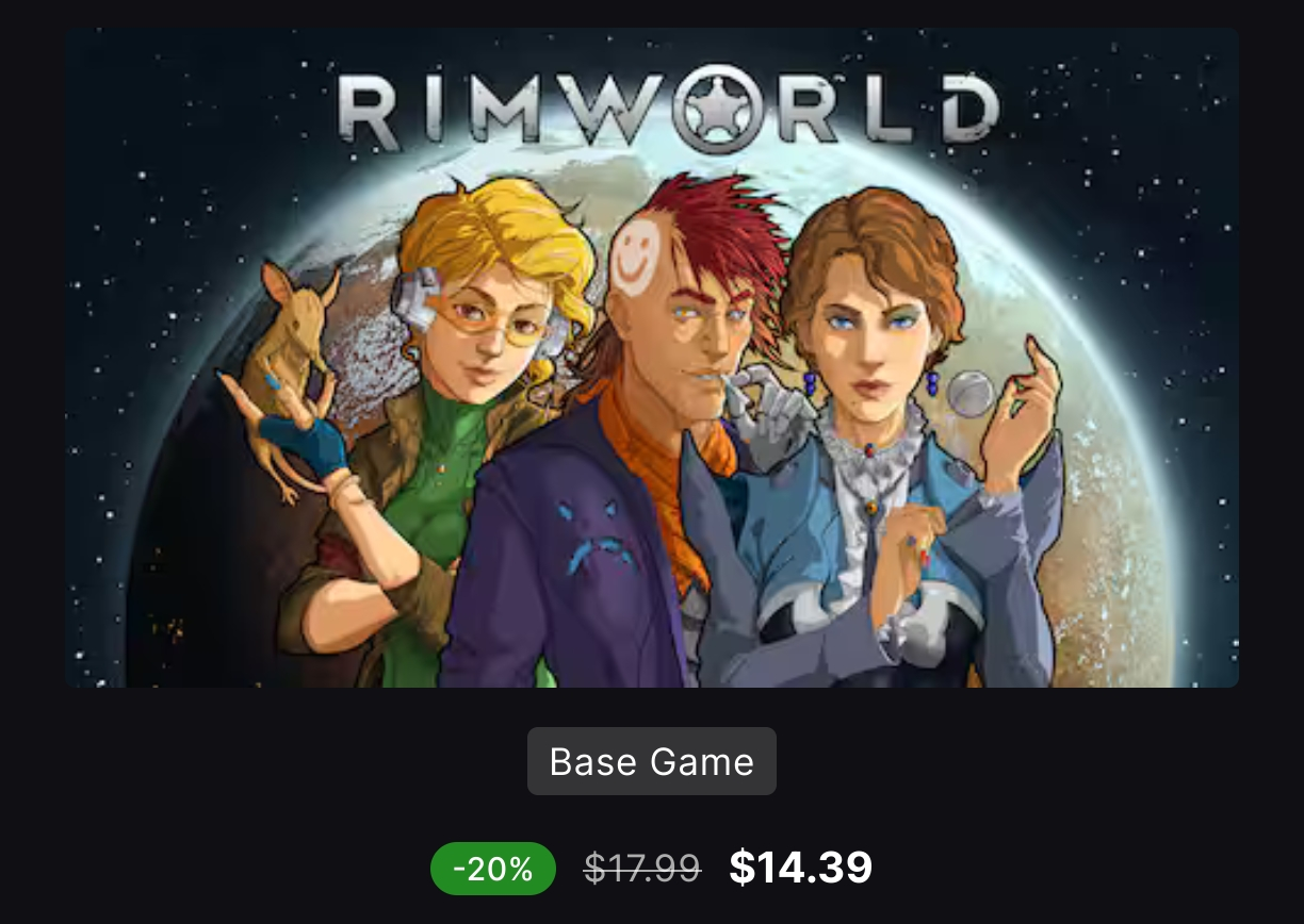 Epic game price for Rimworld: $14.39