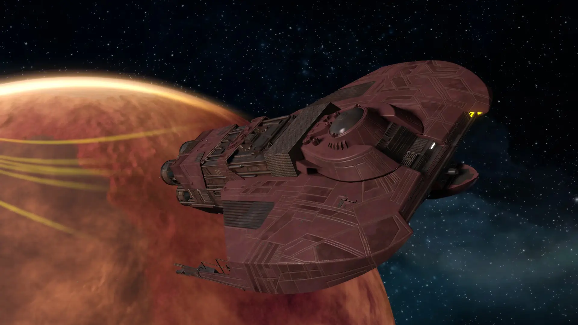 A screenshot of the Merchantman, the new freighter in Star Trek Online.