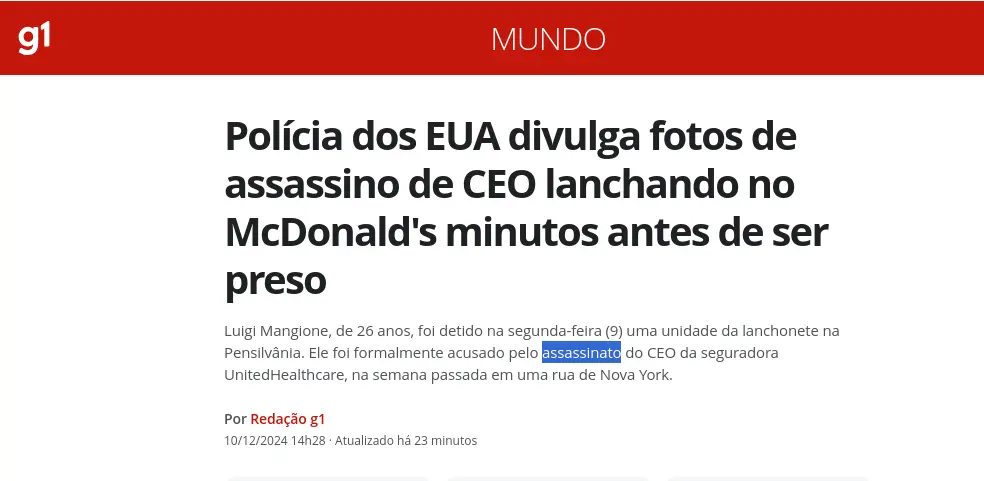 Screenshot from a Brazilian news headline at Globo