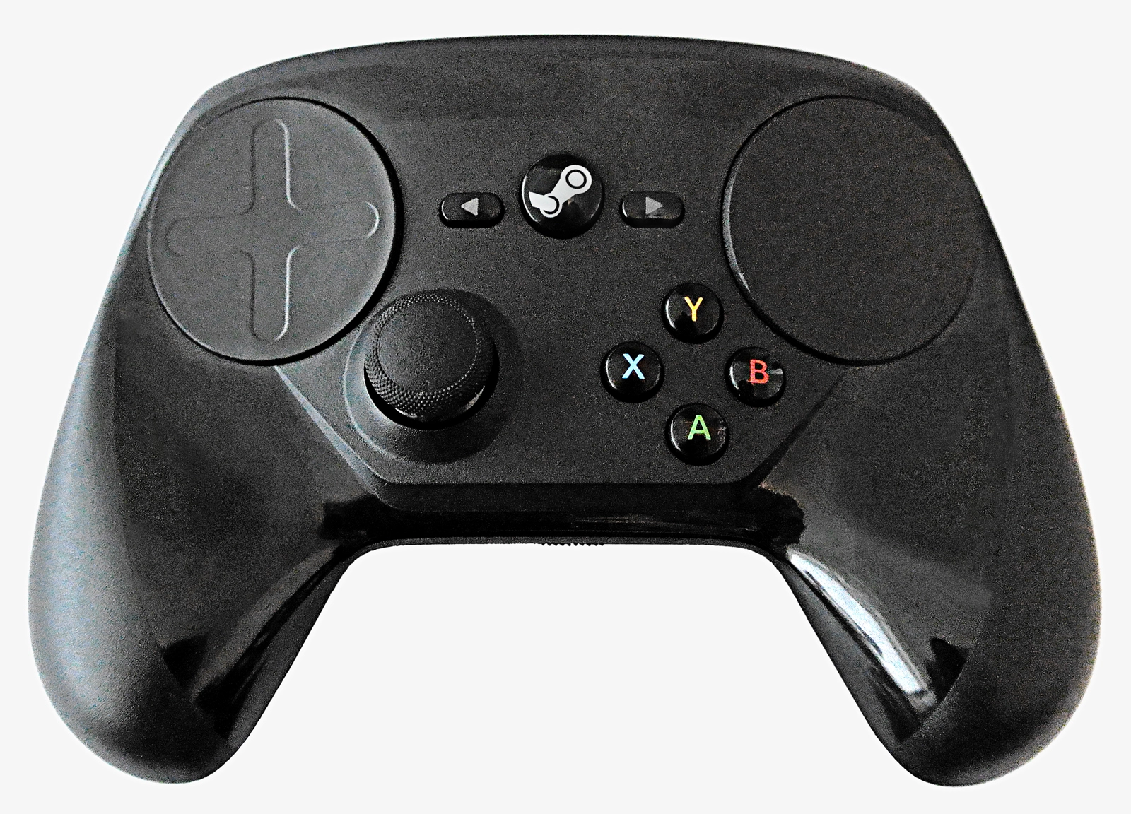 Picture of a Steam Controller, a Steam branded controller where two circular touch surfaces are in place of the D-Pad and the right stick