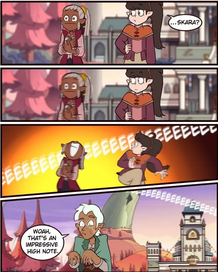 Screenshot of another MoringMark comic where Skara squeals "an impressive high note" after meeting Raine