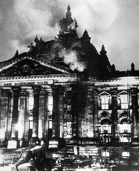 photograph of the Reichstag on fire in February 1933