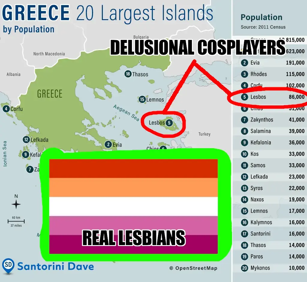 Map of Greece with the island of Lesbos labeled as "delusional cosplayers", while the lesbian pride flag is labeled "real lesbians".