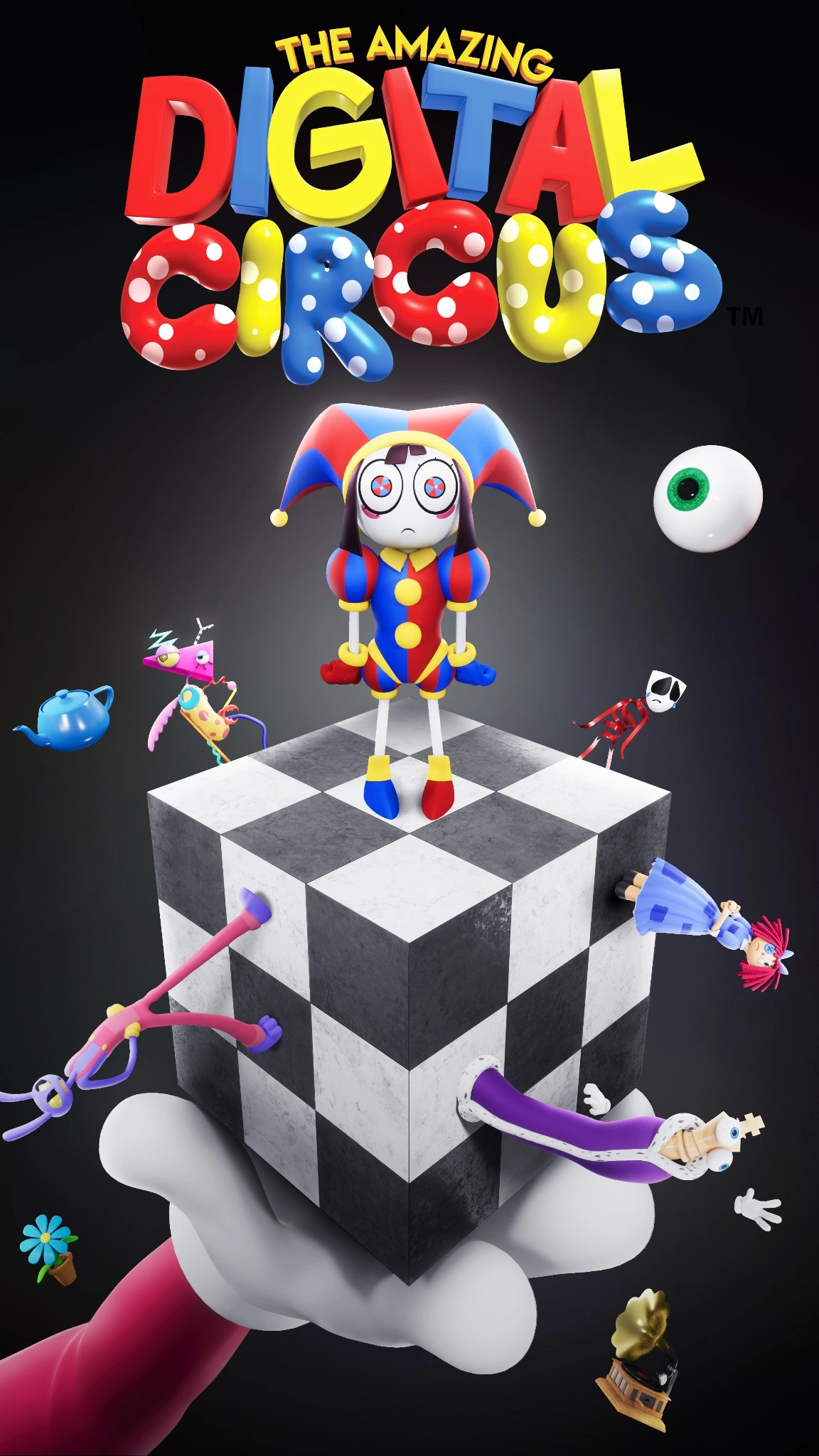 What I assume will be the TADC poster on Netflix: Caine's hand holds a black-and-white checkered cube. Pomni is standing on top of the cube, with the rest of the cast standing on other faces. A few objects like a teapot and eyeball float around them. Above everything is the logo for the show