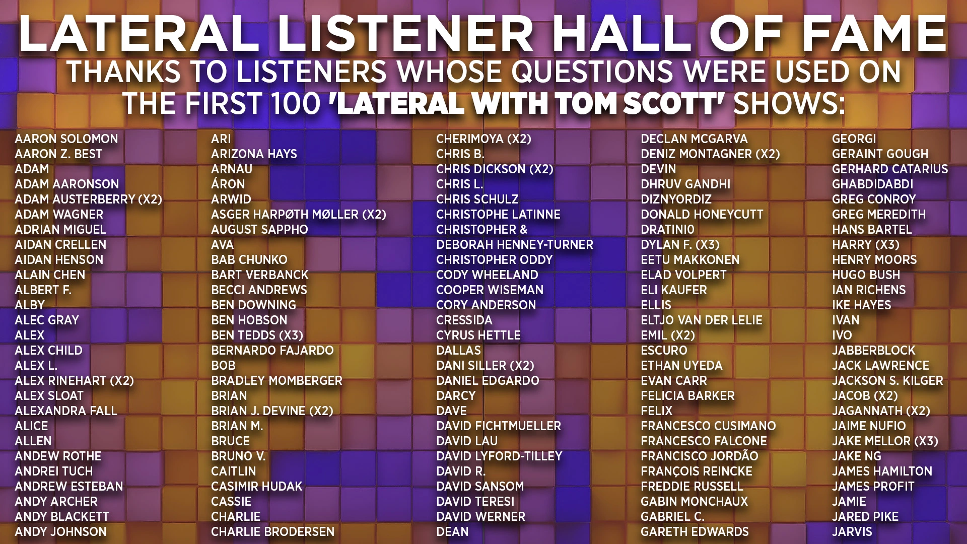 Graphic titled "Lateral Listener Hall of Fame. Thanks to the users whose questions were used on the first 100 'Lateral with Tom Scott' Shows" followed by a long list of names