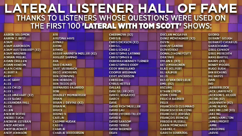 Graphic titled &quot;Lateral Listener Hall of Fame. Thanks to the users whose questions were used on the first 100 &#39;Lateral with Tom Scott&#39; Shows&quot; followed by a long list of names