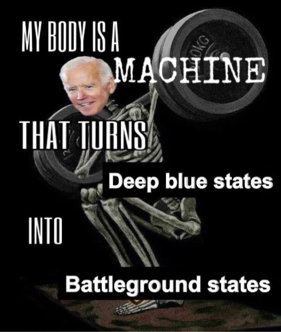 Joe Biden's senile ass lifting a barbell with the text "my body is a machine that turns deep blue states into battleground states" but the mainstream media will never show you this because Trump gives them more ratings.....!!!