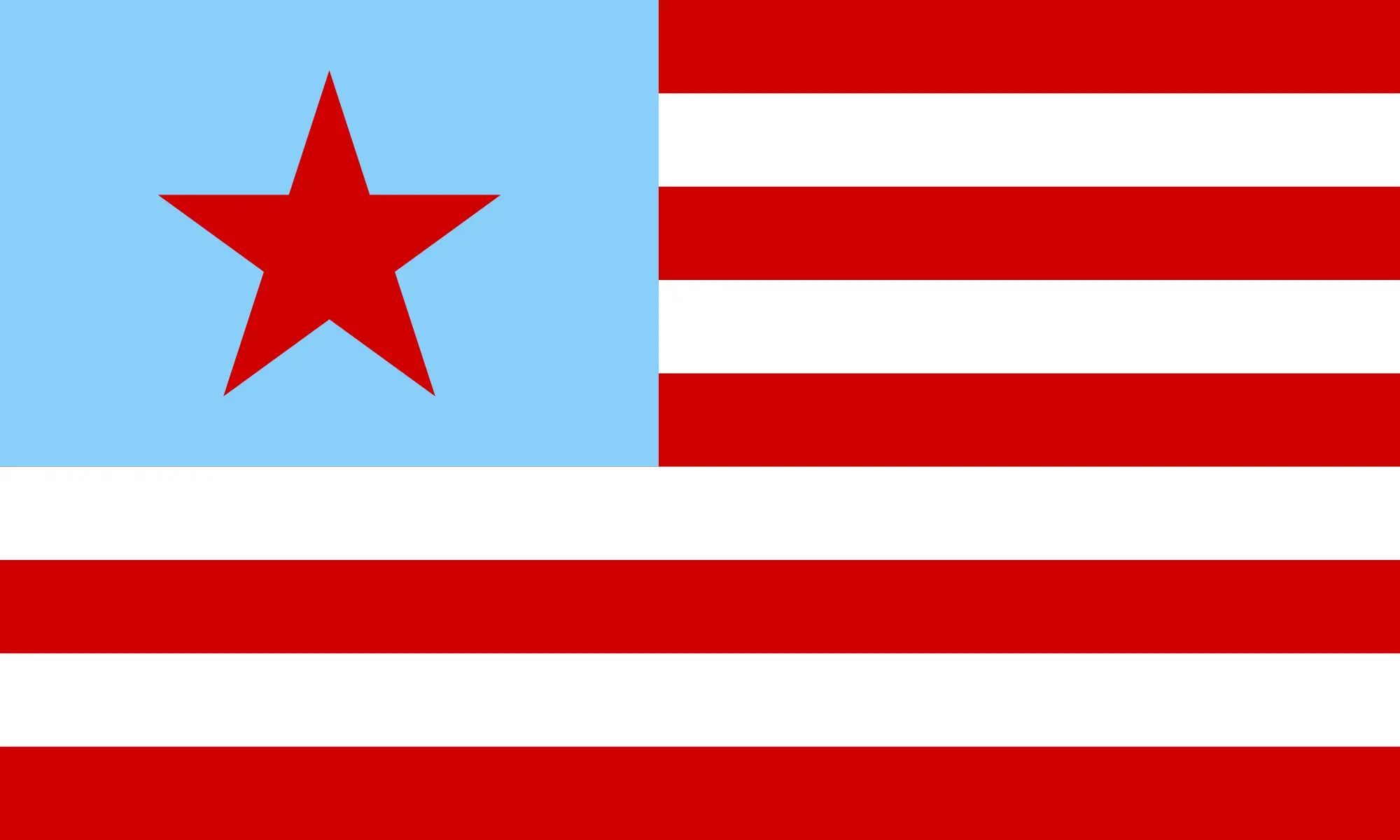 A flag resembling the flag of the United States, but with nine stripes instead of thirteen, a sky blue canton, and a single red star instead of fifty white stars.